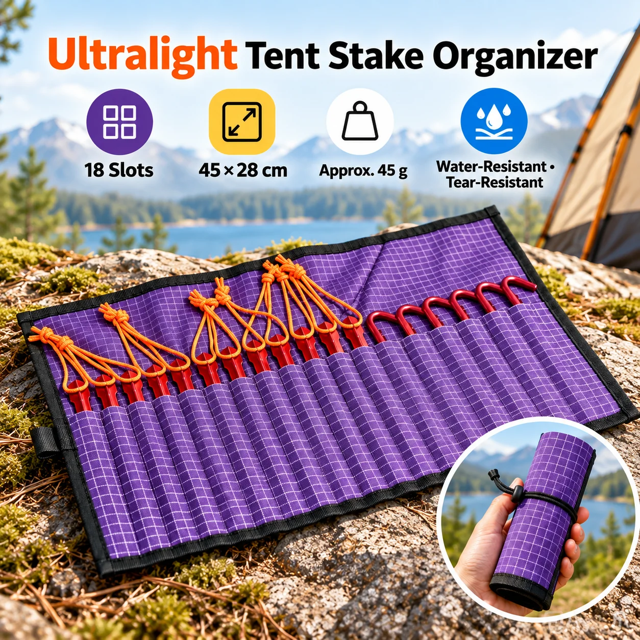 Tent Stake Organizer Roll 18 Slots Ultralight UHMWPE Blend 45g 6 Tent Stake Organizer Roll 18 Slots Ultralight UHMWPE Blend 45g - view 6