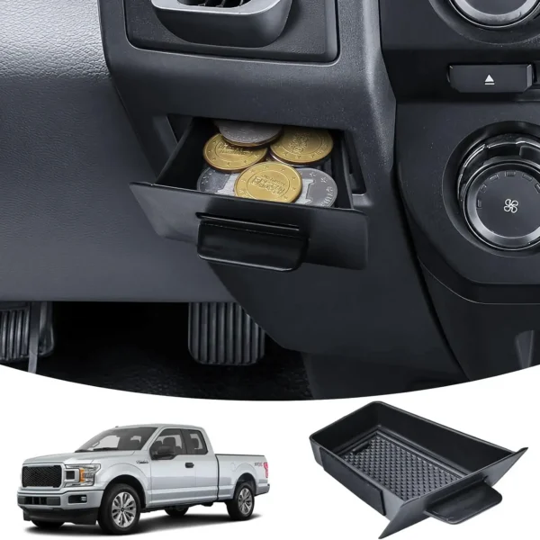 Center console drawer organizer pulled out from the cubby of a Ford F150 truck interior